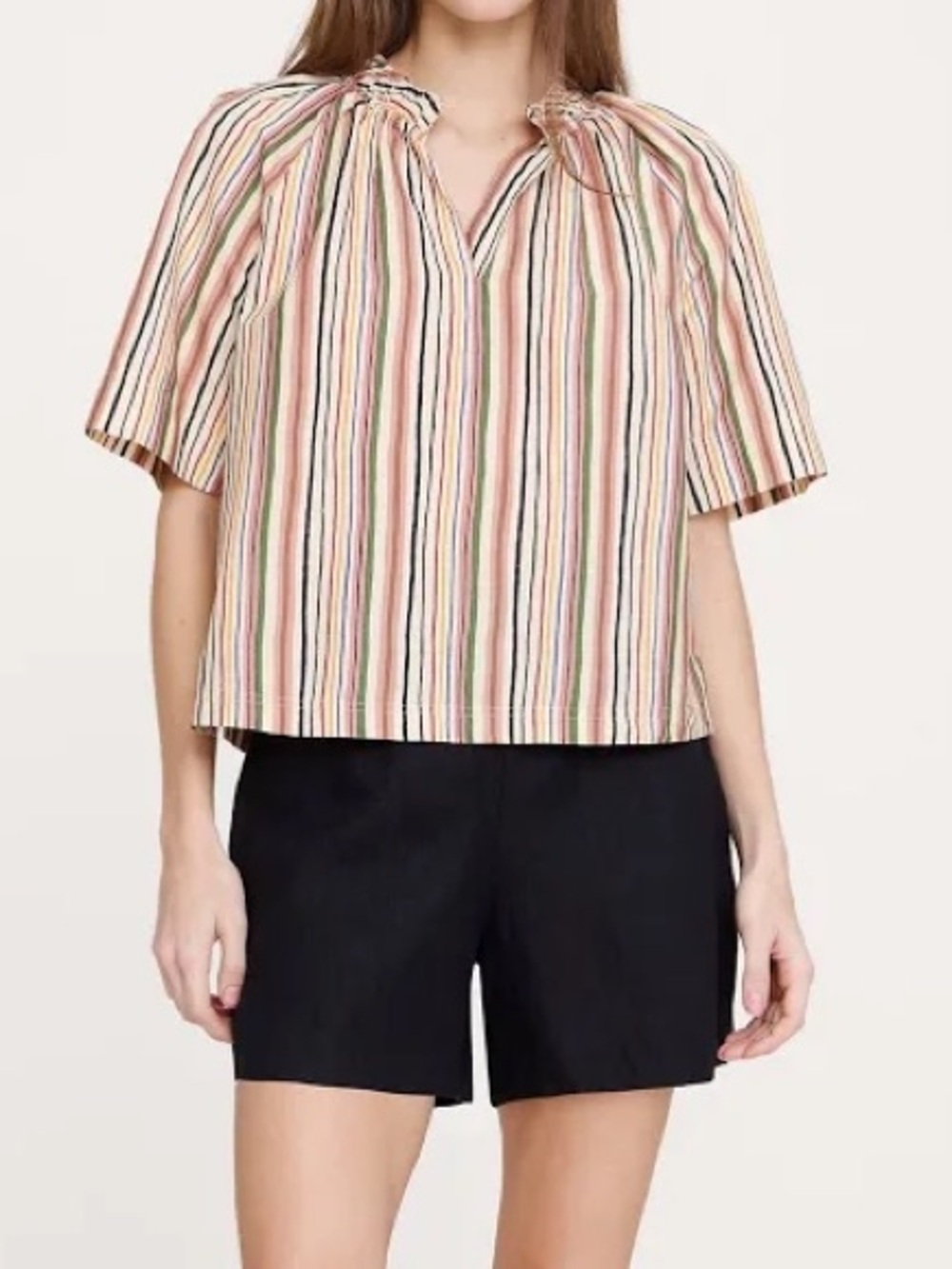 Banana Republic Striped Short Sleeve Poplin Split-Neck Top, Size Small